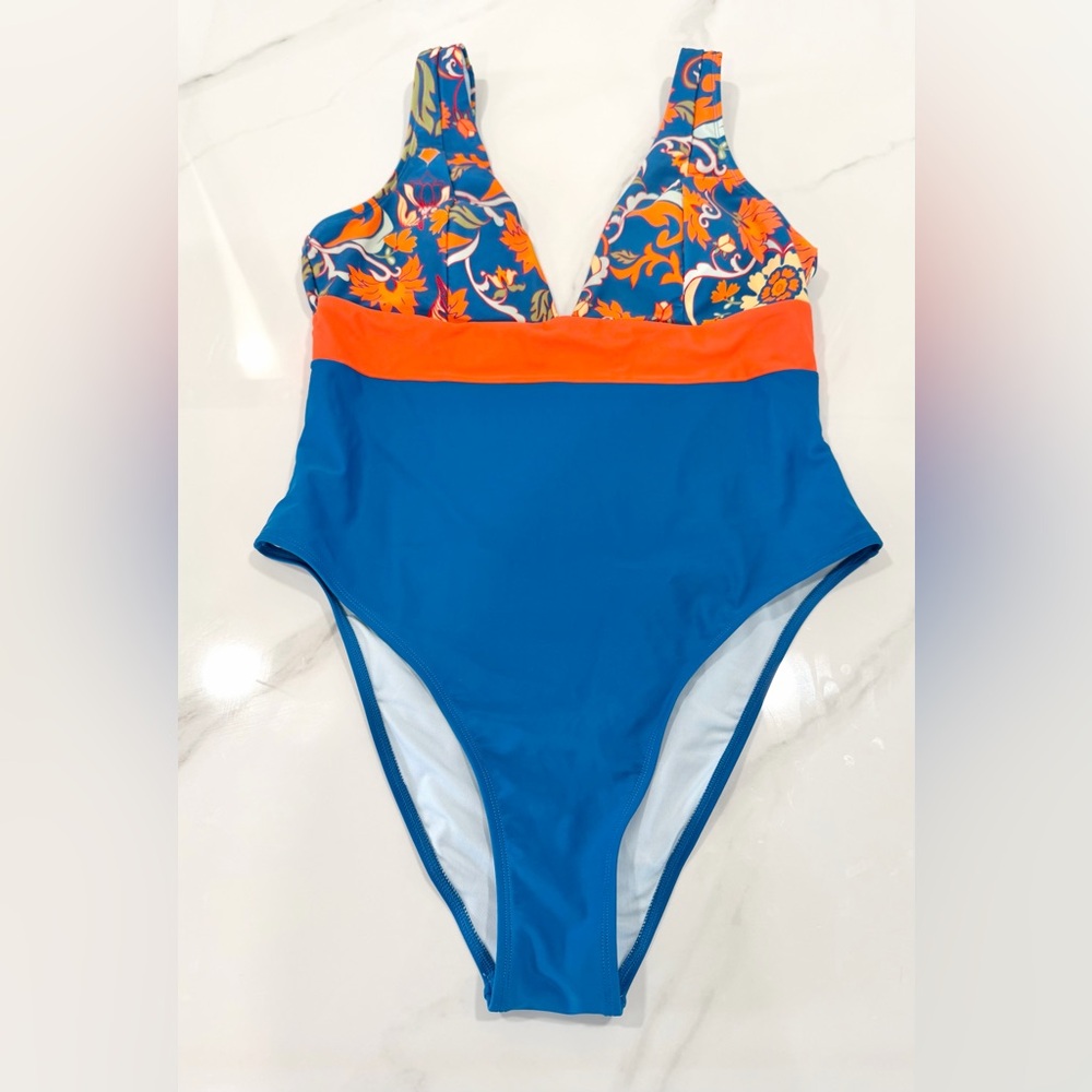 Floral Color Block One Piece Deep V Medium Spring Break Padded Bathing Swimsuit - Picture 2 of 8